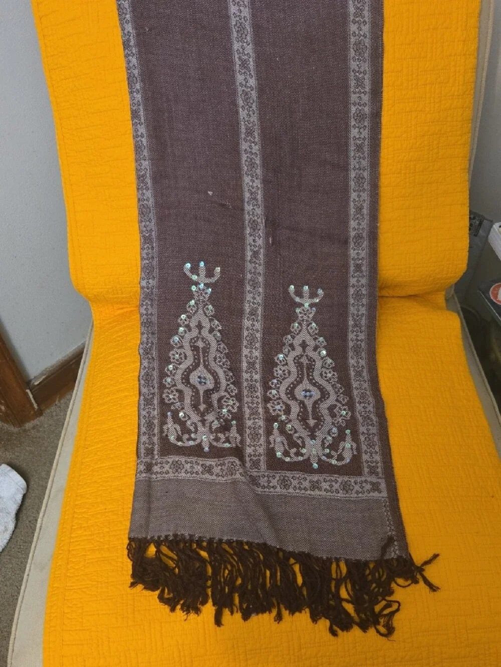 Embellished Paisley Fringe Scarf in Brown and Cream